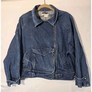 90s Y2K Denim Bomber Jacket Womans Large Blue Asymmetrical Zip Utility Moto